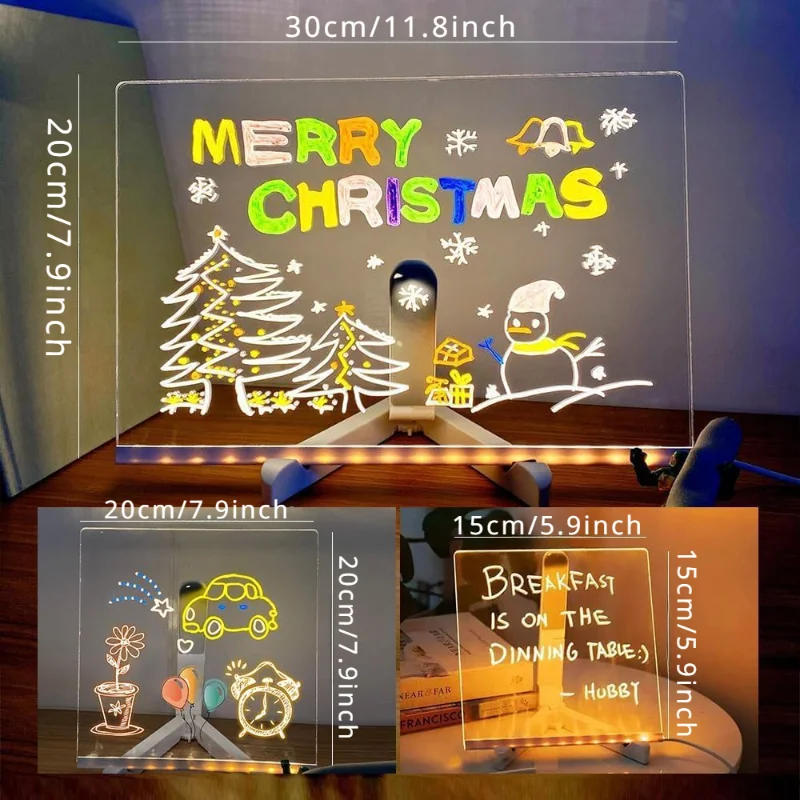 1 Set 7 Color Pens, Illuminated Acrylic Letter Erasing Board, Illuminated Memo Note Message Board with LED Whiteboard