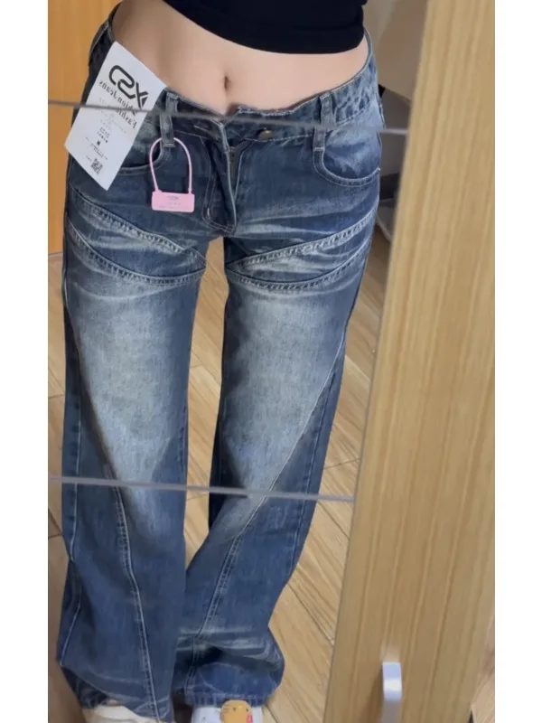 

Extended Length 75cm plus Size American Retro Patchwork Flared Denim Jeans Women Sexy Low Waist Wide Leg Floor Length Pants