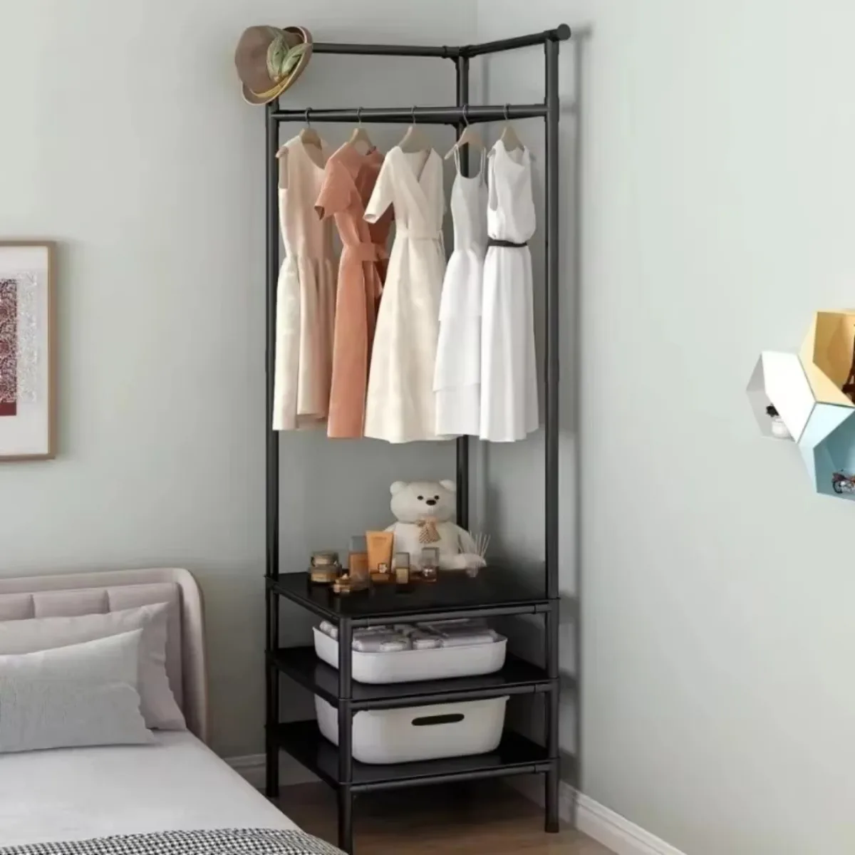 3/2 Tier Simple Clothes Shoe Rack Integrated Hanger Bedroom Clothes Stand Organizer Corner Coat Rack Night Table Storage Shelf