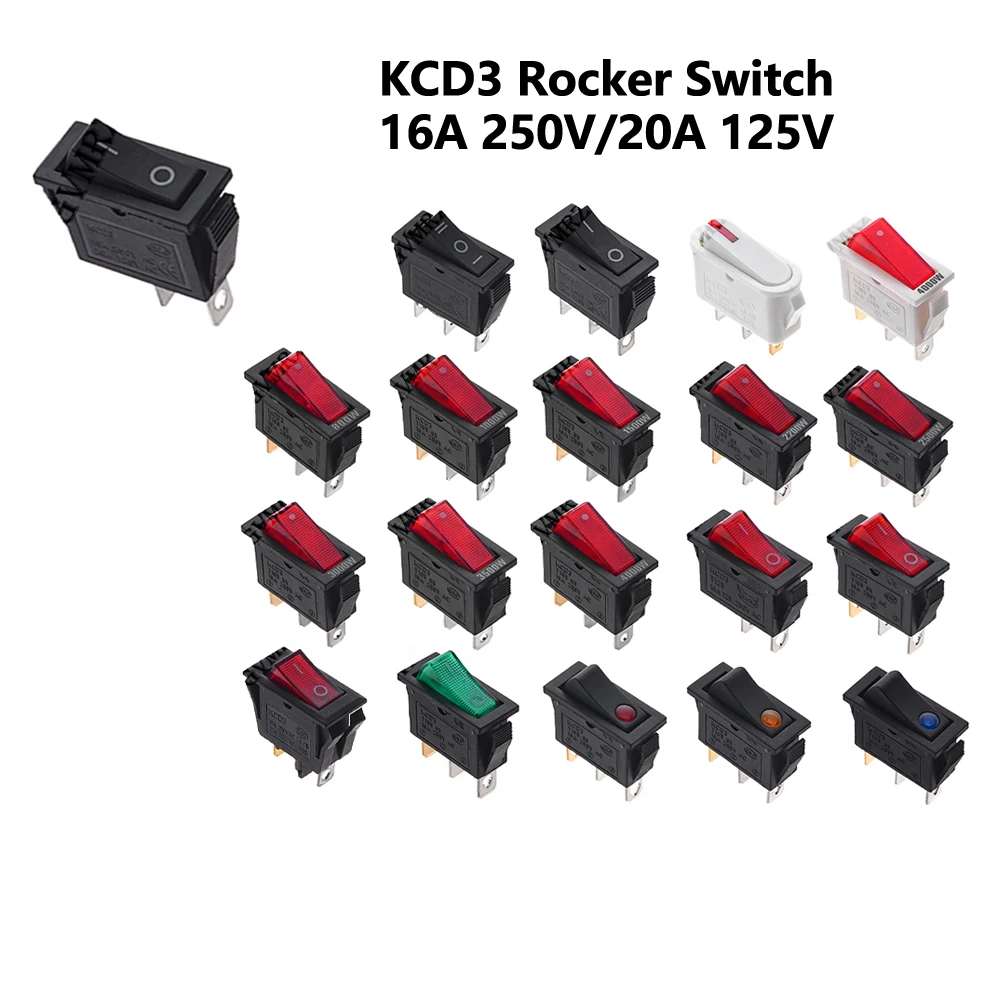 1PCS 16A 250V / 20A 125V AC KCD3 Rocker Switch ON-OFF 2 Position 3Pins Electrical equipment With Light Power Switch ON-OFF-ON