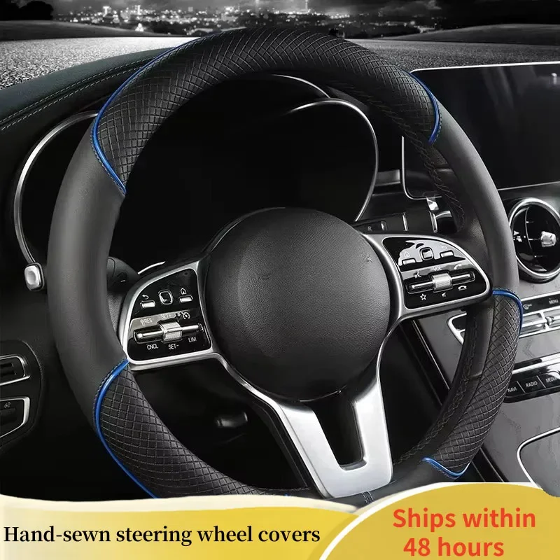 

Full Leather Stitching Line Car Steering Wheel Cover, Three-dimensional Anti Slip, Timple and Fashionable.Four Season Universal