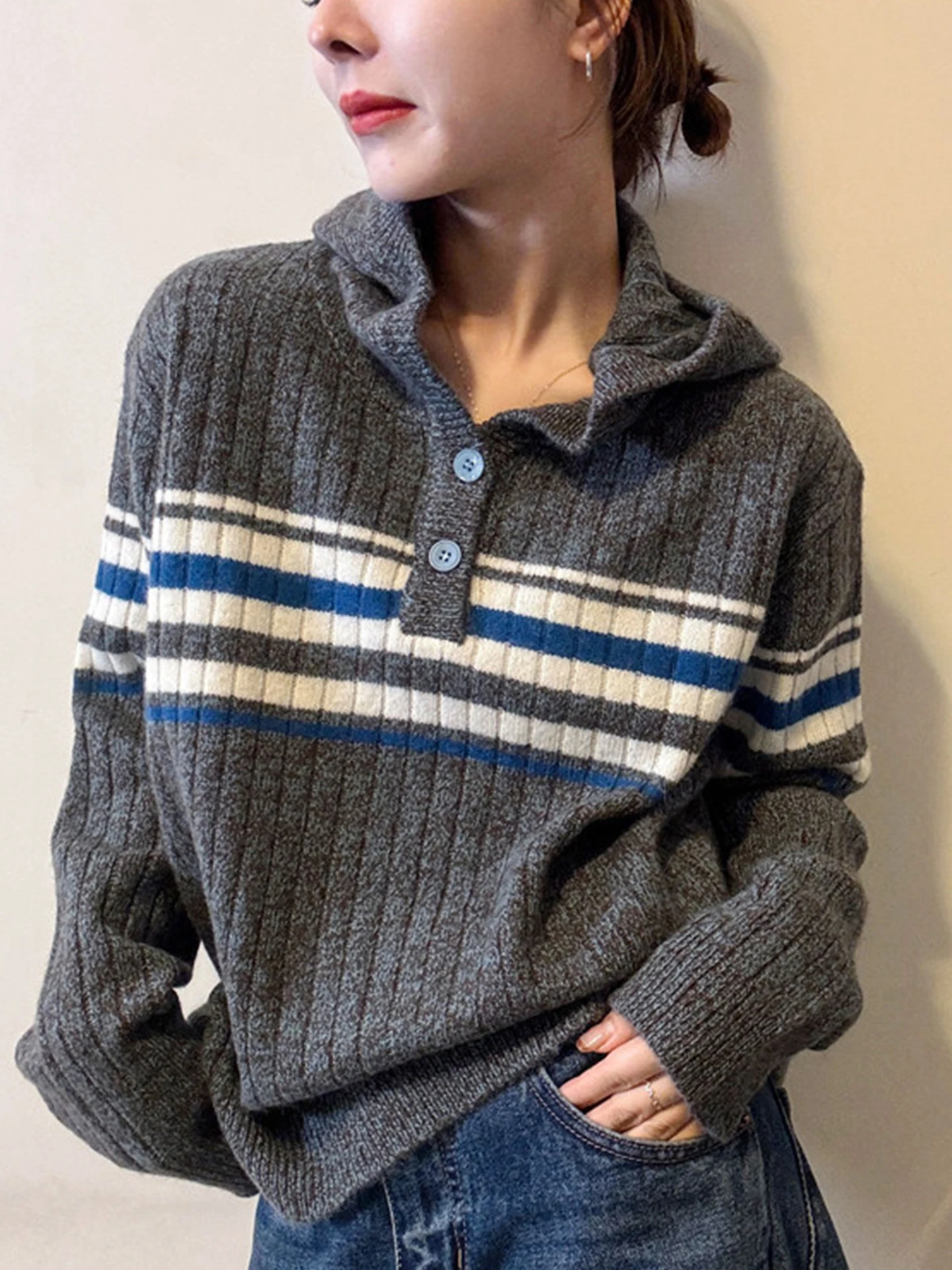 

Comfortable Hooded Knitted Sweater Casual Color Blo Long Sve Winter Top Simple Sle Slimming Women's Faion Commute