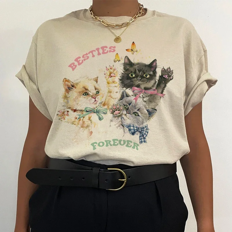 Cute Kitten Besties Forever Women Graphic Tops Fashion Oversized T Shirt Vintage Aesthetic Cottagecore T-Shirts Cat Lover Tees