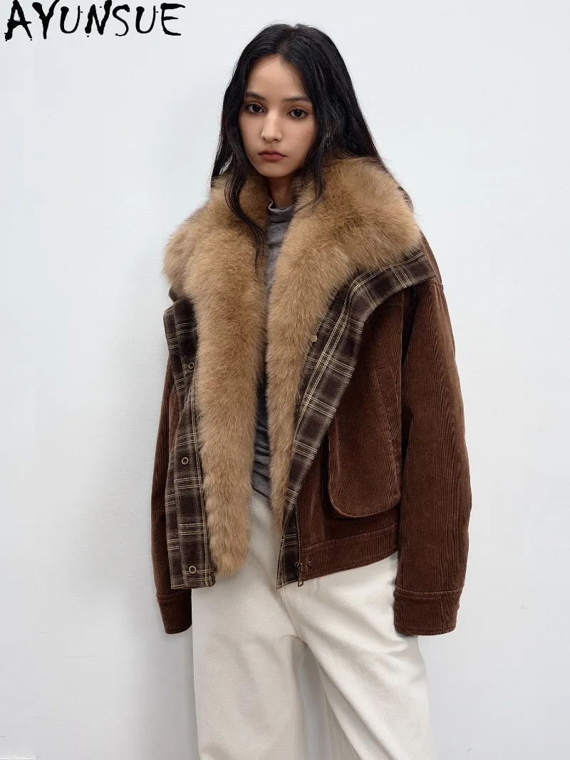 AYUNSUE Womens Real Fox Fur Collar Parka 90% White Goose Down Coat Female Warm Winter Clothing Short Length Chamarras Para Mujer