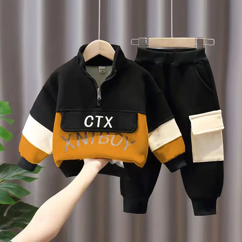 Autumn and Winter Children\'s Clothing Set New Boys\' Plush Thickened Sweater Pants Two Piece Set Baby Casual Sportswear