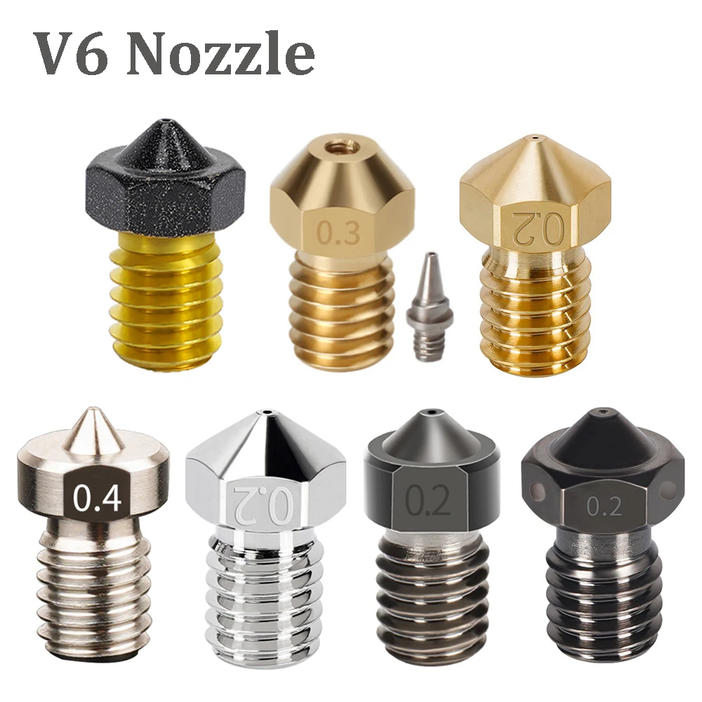 2pcs All Metal V6 Nozzle M6 Thread Brass Hard Steel Titanium PTFE Plated Nozzles E3D V5 For 1.75mm Filament 3D Printer Parts