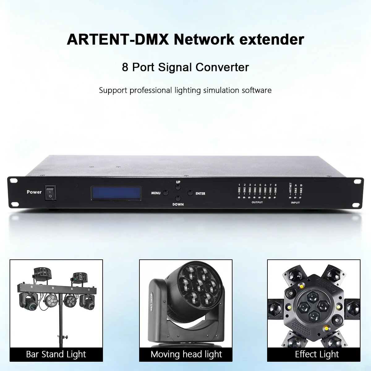 8 Port Artnet to DMX Node Expander Splitter 8x512 Output 4096 Channels for Stage DJ Christmas Party Bar Club Lighting Control