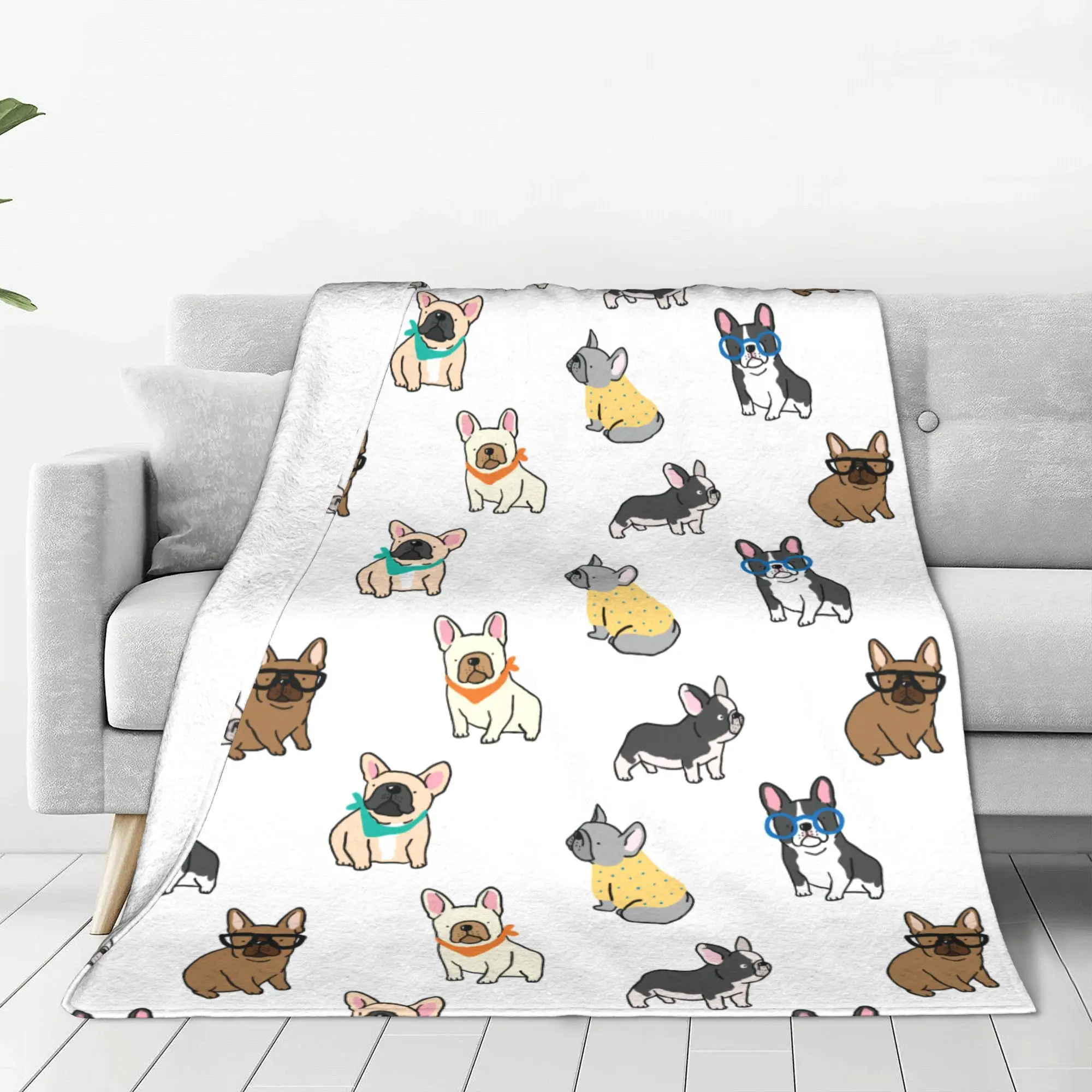 Cartoon French Bulldog Puppies Design Gift Blanket For Men Women Warm Cozy Fluffy Fun Frenchies Dog Throw Blankets for Sofa