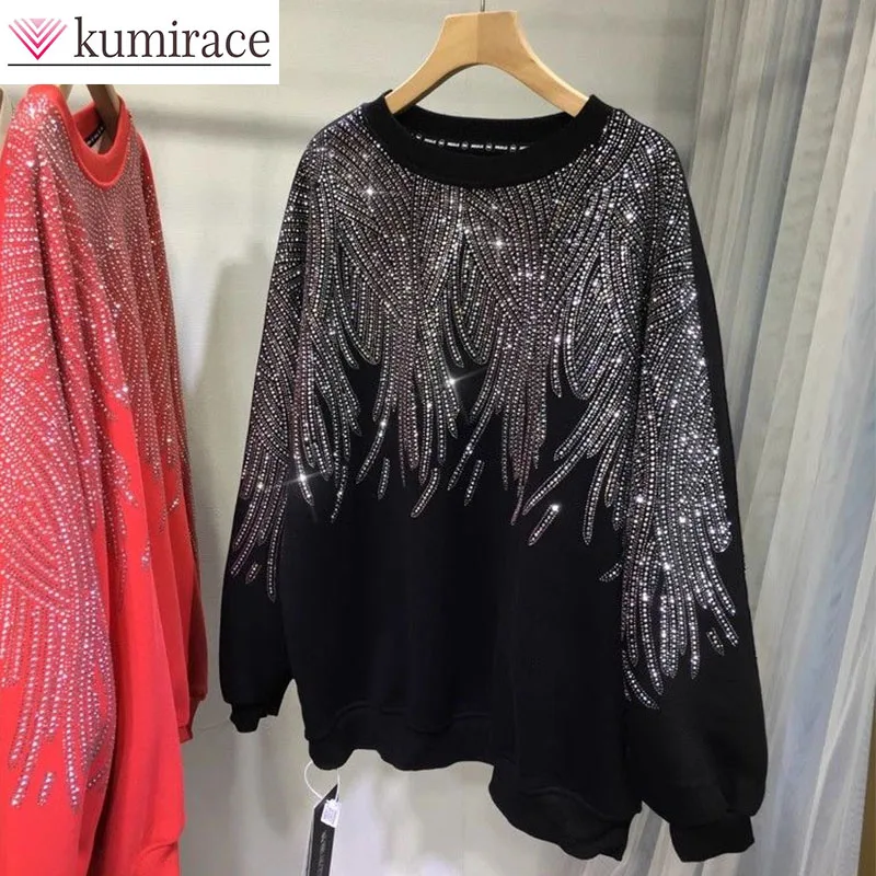 

Large Size with Thick Velvet, Heavy-duty Hot Stamping, Full Diamond, Light Luxury, Large Wings Long Sleeved Hoodie Women's Coat