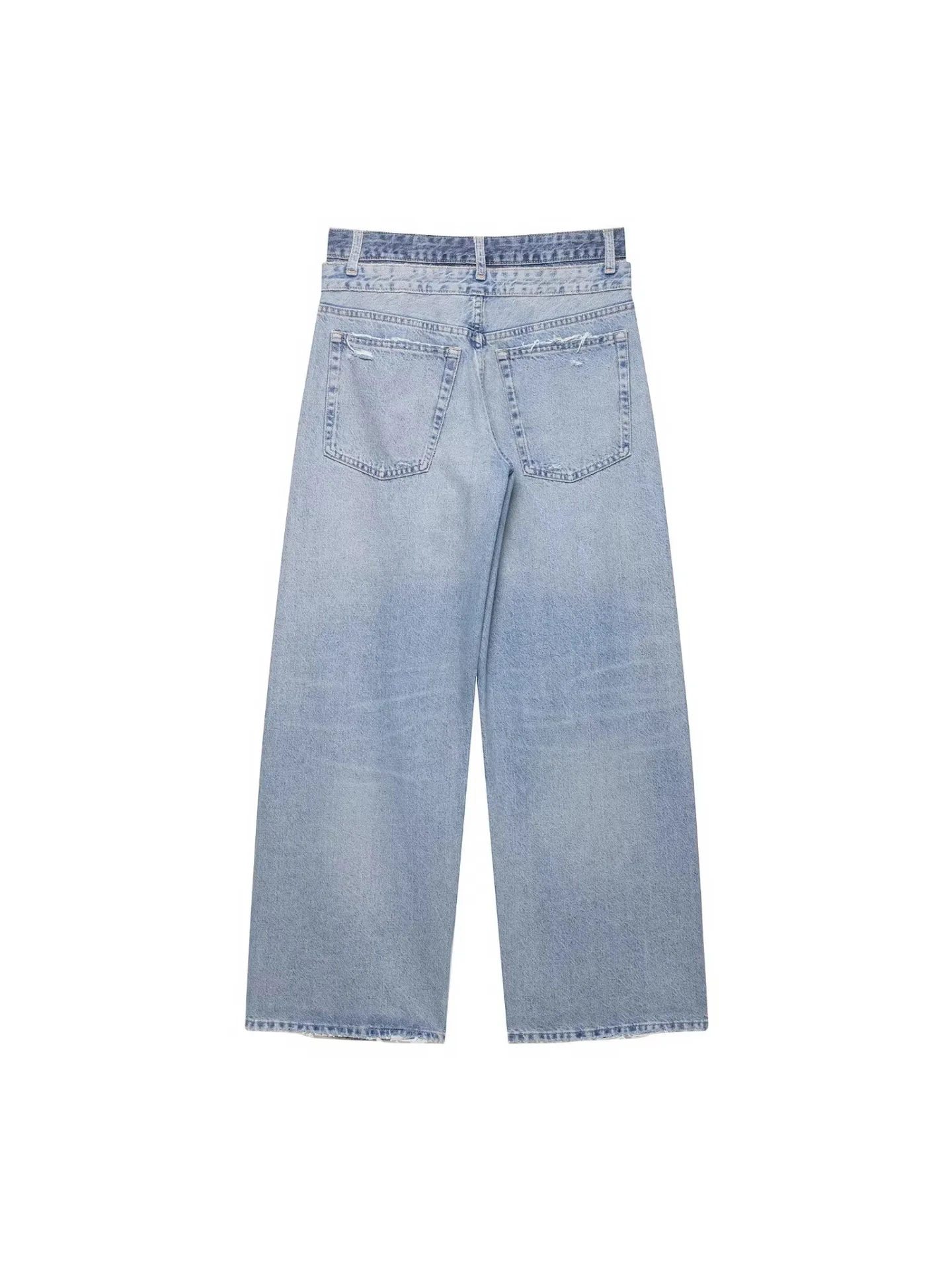 Withered Fashionable Ripped Double-layer Waist Loose Mid Waist Straight Leg Jeans For Women