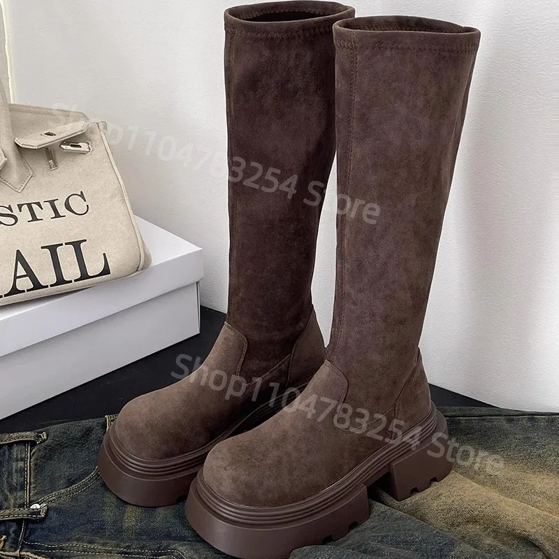 

2025 Winter Platform Punk Style Woman Knee High Boot Concise Slip On Elastic Slim Shoes Ladies Thick Bottom Knight Long Booties