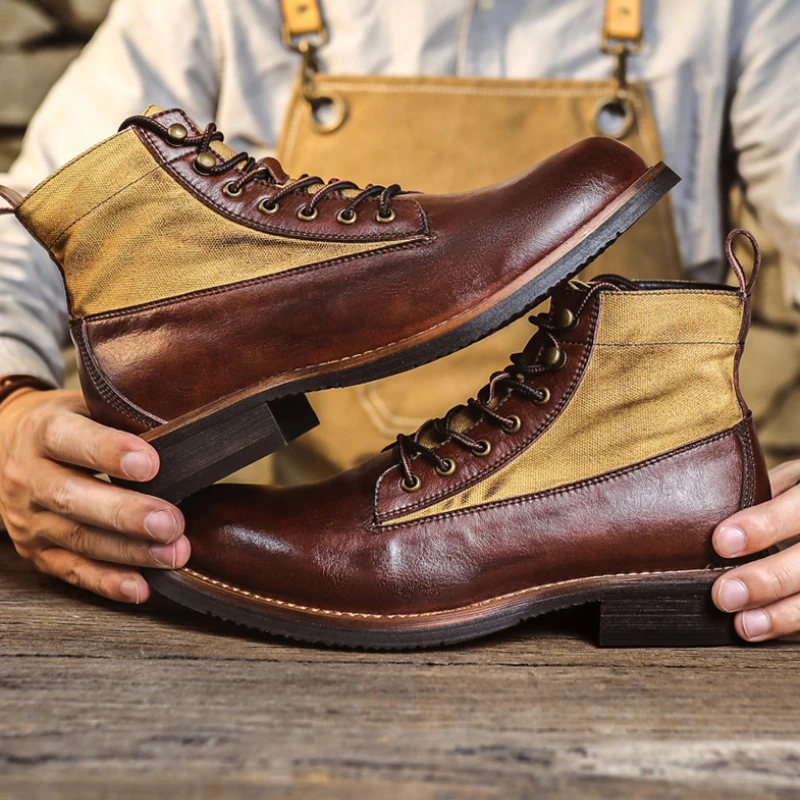 Retro Genuine Leather Ankle Boots for Men Round-toe Lace-up Short Motorcycle Boots Western Cowboy Boots for Men Tooling Shoes