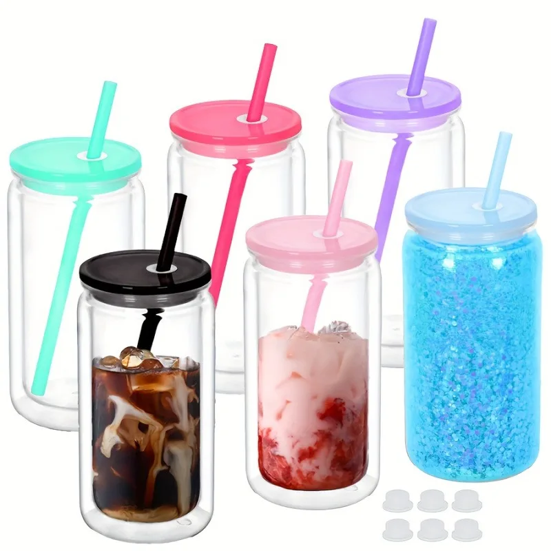 Doppelwandige Schneekugel-Kunststoffbecher mit vorgebohrtem Loch, Weihnachtsstroh-Wasserflasche, transparenter Becher, Kaffee, Saft, Trinkgeschirr, Geschenke