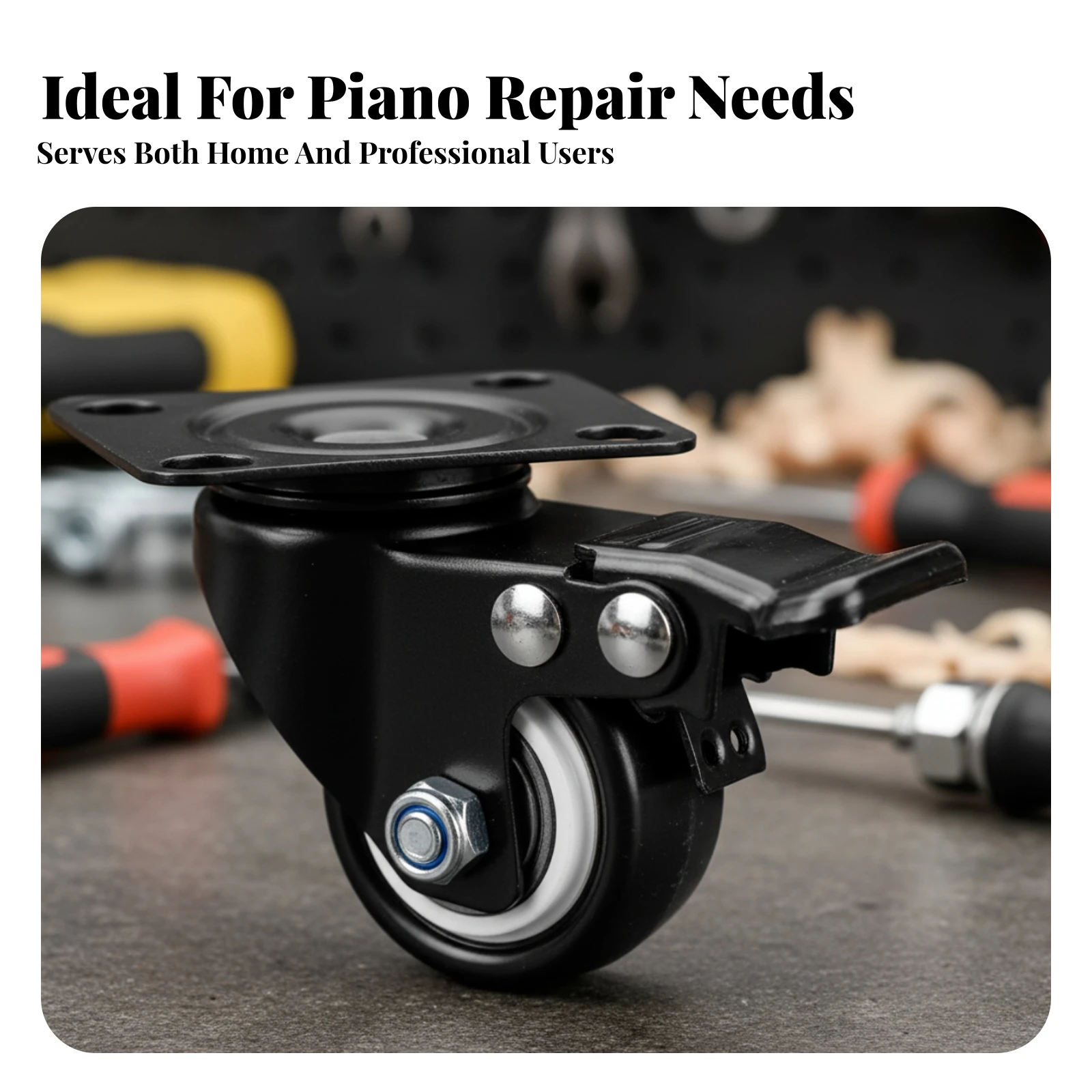 Piano Caster Wheel with Brake Metal Mounting Plate Swivel Piano Caster Repair Part White Outer Band Black for Replacement Use