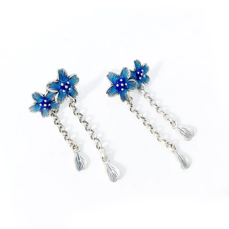 

Pastoral Style New in 925 Silver Enamel Earings Two Blue Flower Tassel Earrings for Women Vintage Exquisite Party Jewelry