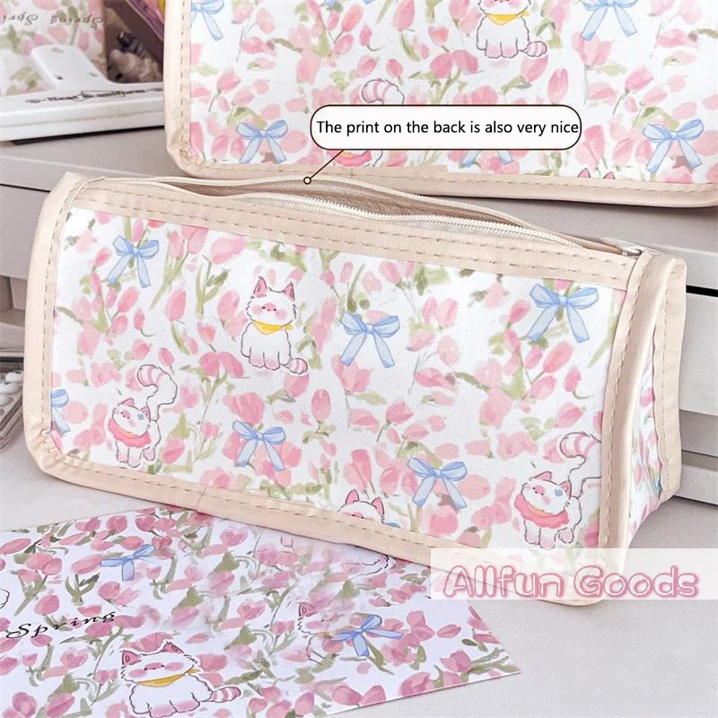 Cute Pink  Kitten Cat Transparent Pencil Case Large Capacity Portable Girly Makeup Bags Student Stationery Pen Storage Bags