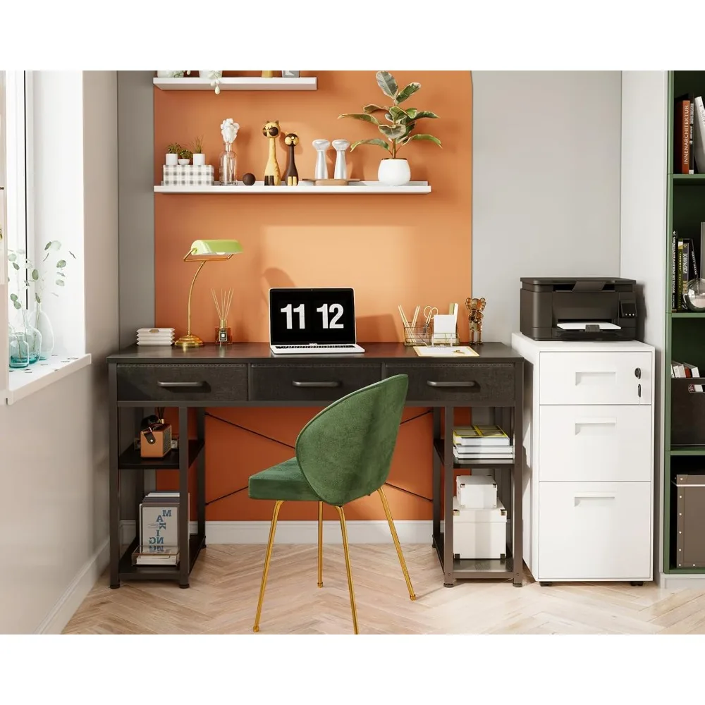 

Office Small Computer Desk: Home Table with Fabric Drawers & Storage Shelves, Modern Writing Desk, Black,