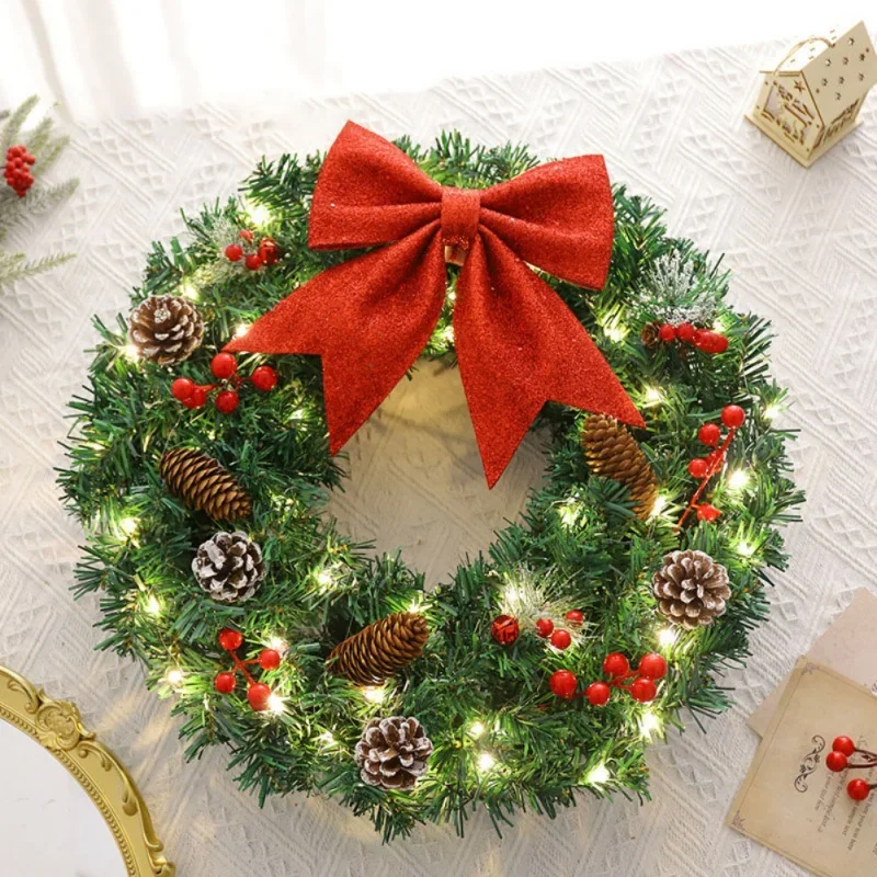 40/50cm Christmas Wreath for Front Door Red Bow Pine Cones Decor Window Wall Fireplace Christmas Hanging Garland Ornaments