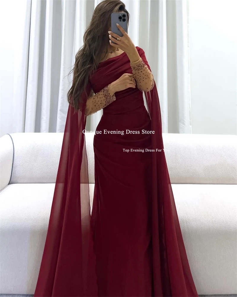 Qunque Graceful Customized Women\'s Mermaid Evening Dresses Pretty Cape Beaded Burgundy Prom Gowns Sexy Split Vestido Festas Luxo