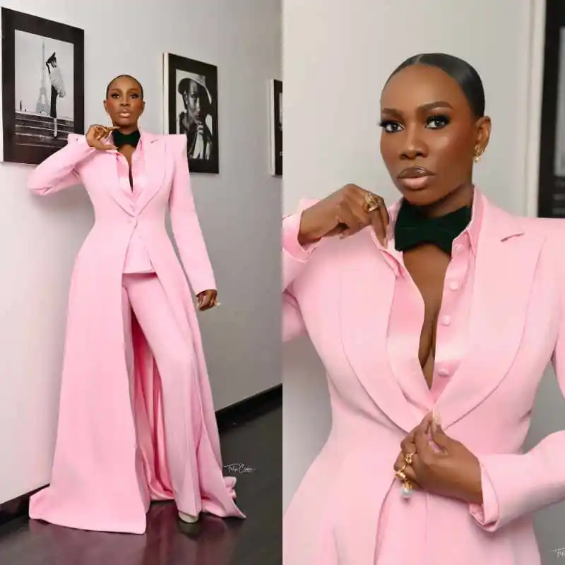 

Chic Pink Long Women's Suit 3 Piece Coat Jacket Pants Peaked Lapel Lady Formal Business Occasion Party Banquet Customized