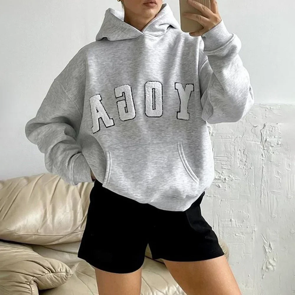 Zekye Sports Hooded Fashion Casual Gray Embroidered YOGA Letters Solid Color Embroidery Loose Sweatshirt For Women 2025 New