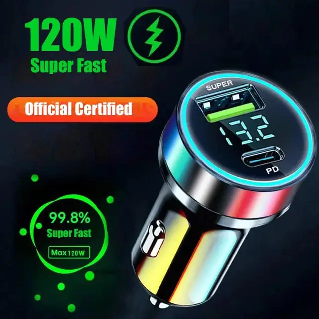 2-portowa superszybka ładowarka samochodowa USB do iPhone'a 14 Pro Max 13 12 11 Samsung S23 S22 120W Adapter szybkiego ładowania