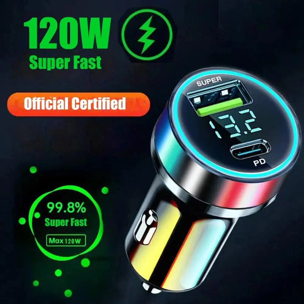 2 Port Super Fast USB Car Charger For iPhone 14 Pro Max 13 12 11  Samsung S23 S22 120W Quick Charging Adapter