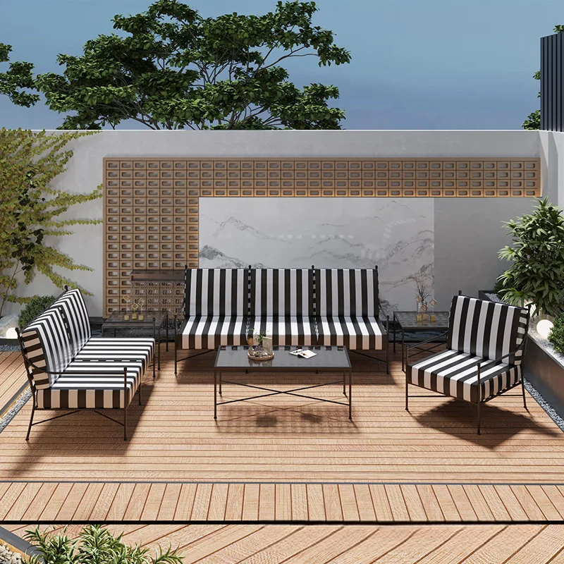 Modern Striped Waterproof Metal Outdoor Patio Sofa Set Black White Coffee Table Garden Terrace Leisure Balcony Lounge Furniture