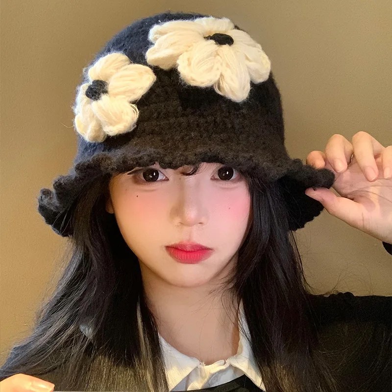 

New Korean Version Sweet Hand Crocheted Flower Bucket Hats Women Autumn And Winter Black Big Head Warm Dome Knitted Basin Caps