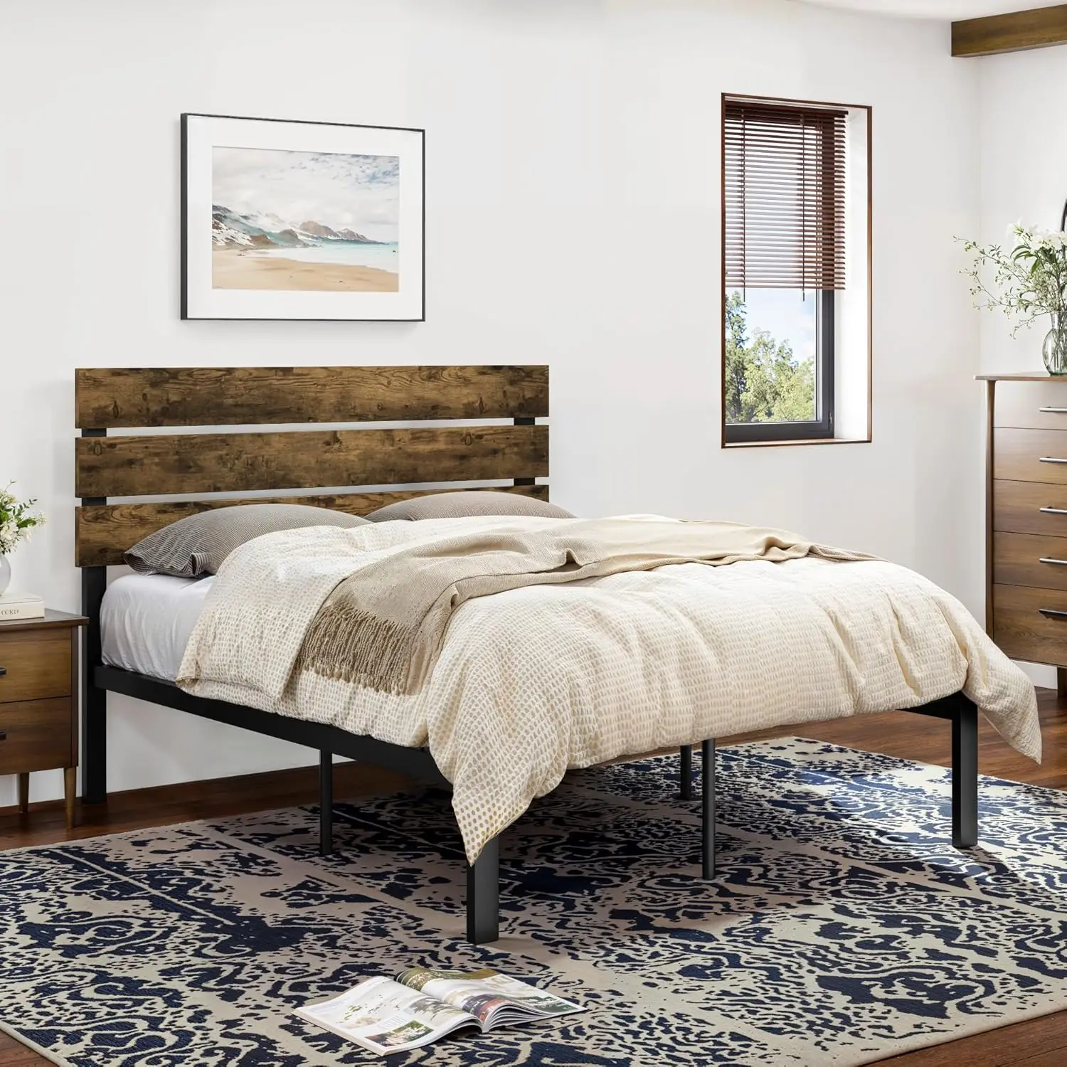 

Queen Size Bed Frame with Rustic Wooden Headboard,3 Boards Design, Heavy Duty Metal Slats Support Platform, No Box Spring Needed