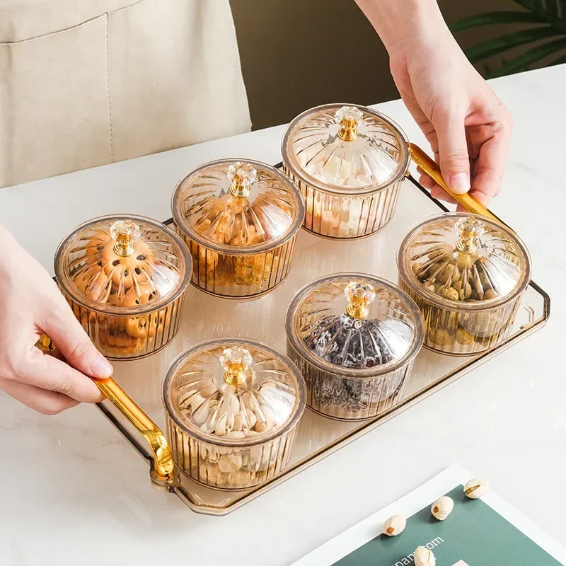 Nordic Dried Fruit And Snack Plate Transparent Round Home Luxury Kitchen Seasoning Jar Pepper and Salt Shaker with Lid and Tray