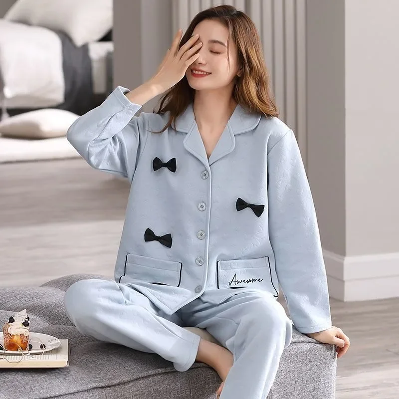 2024 New Autumn Winter Women's Pajamas Three Layers Pure Cotton Thickened Warm Air Cotton Interlayer Thin Cotton Set Homewear