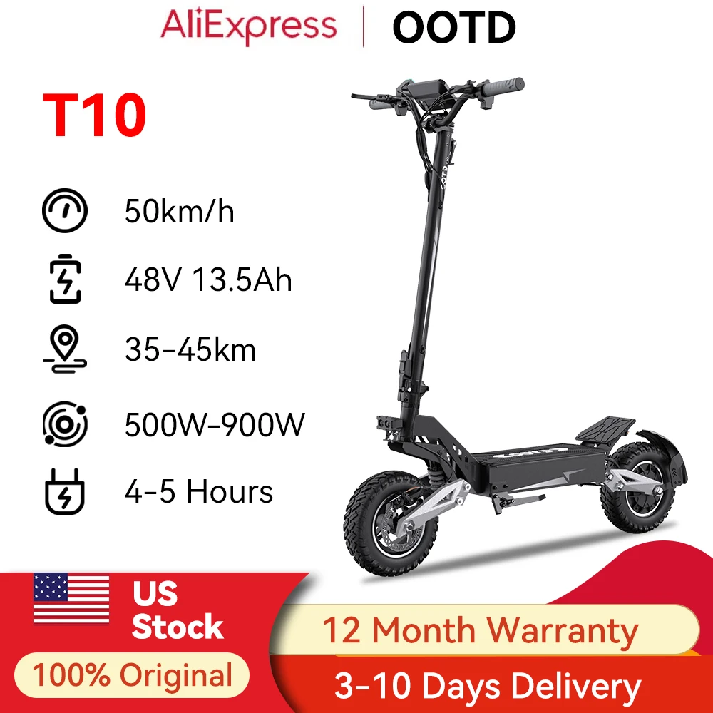 Scooter elettrico OOTD T10 900W Potenza di picco 48V 13Ah 31mph Scooter elettrico per adulti 21-28 miglia Pneumatici da 11 pollici E-Scooter pieghevole