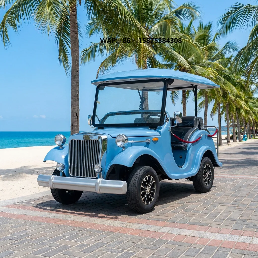 Antique electric golf cart, 6-seater vintage sightseeing bus, lithium battery range: 100-120 km, suitable for theme park city