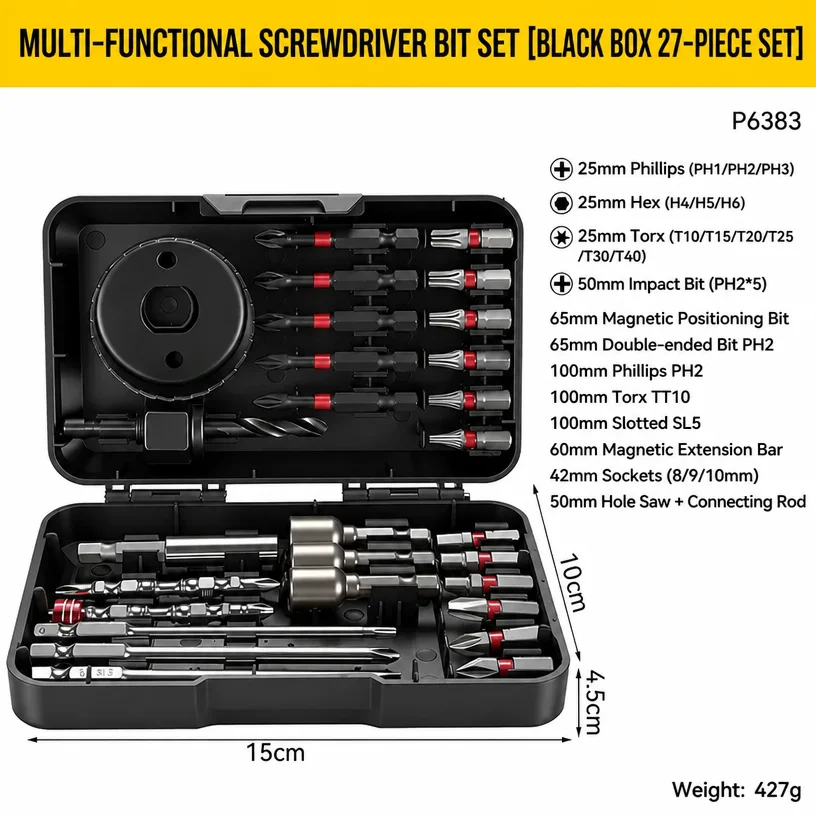 Schraubendreher-Bohrerset mit starkem Magnet, Sechskantschaft, gemischte Bits für Schlagschrauber, Elektrobohrer, Holz- und Metallreparaturen, mit Etui – Detail 3