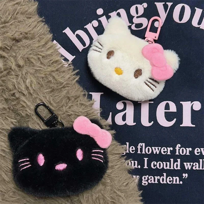 Cartoon Sanrio Black Beige Hello Kitty Plush Doll Keychain Charm Cute Kitty Cat Backpack Plush Pendant Accessory Girl Heart Gift