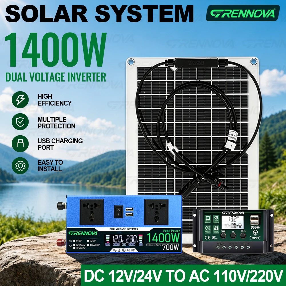 Solar Kit 50W Panel 60A  Controller Dual Voltage Inverter (Peak 1400W Rated 700W) 12/24V To 110V 220V Small Appliances Off-Grid