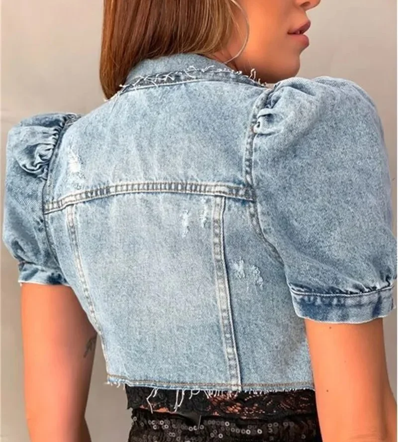 Women Vintage Short Denim Jacket New Fashion Bubble Short Sleeve Solid Color Outerwear 2023 Summer Single-breasted Cardigan Coat