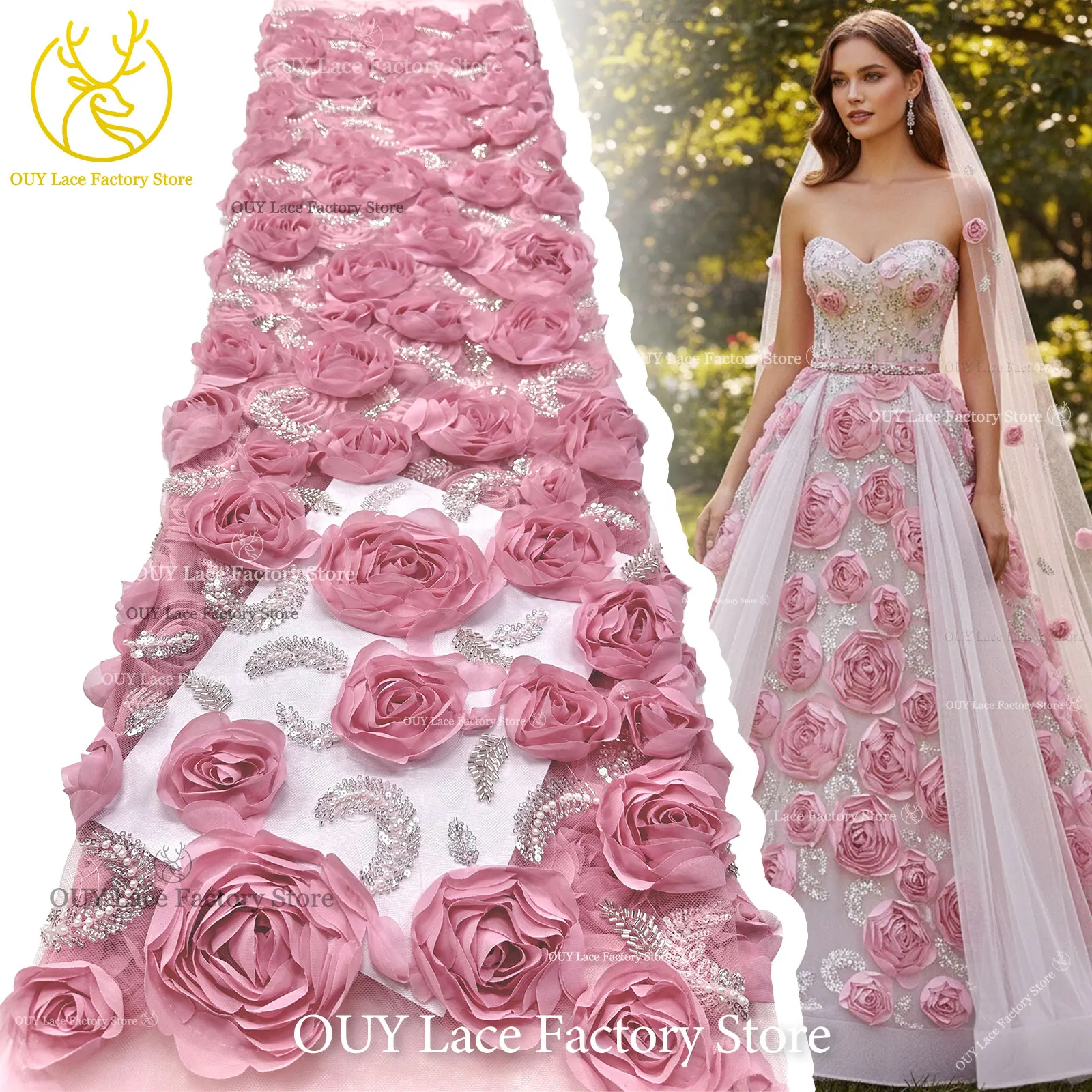 3D-Rosen-High-End Nigerianischer Tüll-Spitzenstoff 2026 – Hochwertiger afrikanischer Pailletten- und Perlen-Spitzenstoff für Brautkleider und Hochzeitskleider zum Nähen – Detail 5
