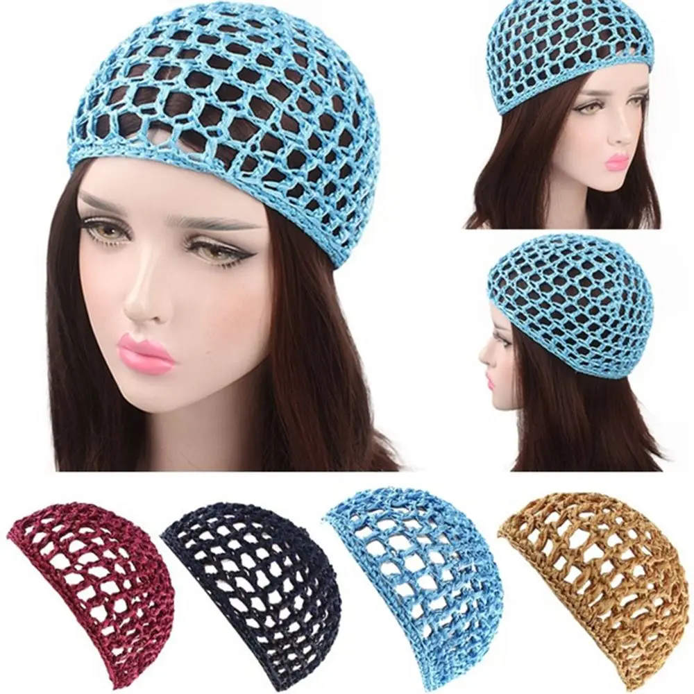 Solid Color Mesh Hair Net for Women Handmade Crochet Snood Hairnet Sleeping Night Cap Turbans Hair Accessories