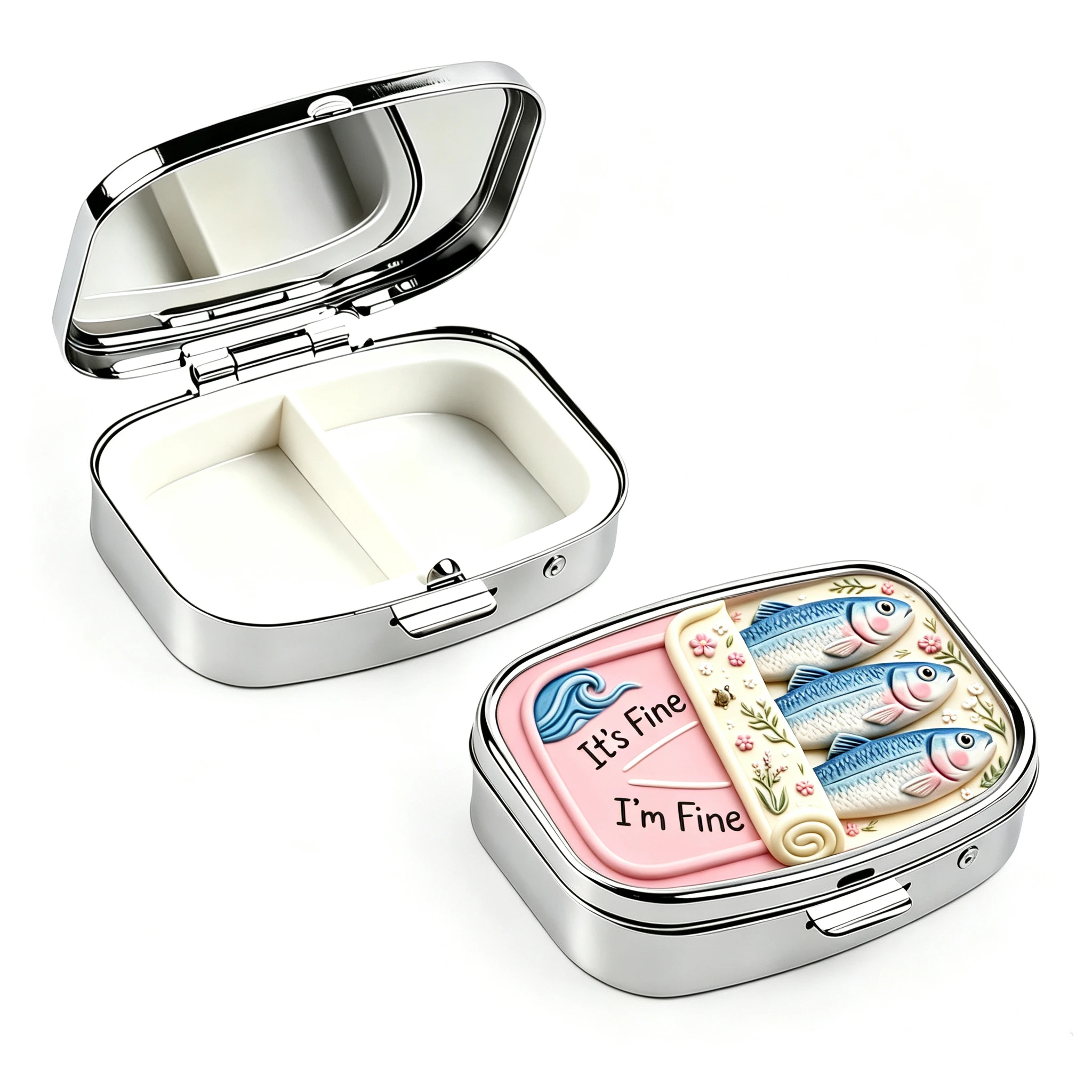 2 Compartments Metal Pill Box, It's Fine I'm Fine Sardine Print Portable Pocket Pill Case, Mini Travel Medicine Storage Containe