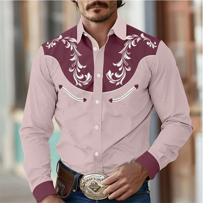 Camisa ocidental retrô floral masculina, manga longa, tecido elástico, rua ao ar livre, lapela casual, para primavera e verão