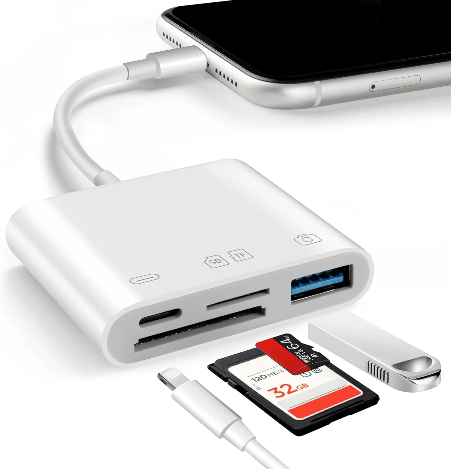 قارئ بطاقات OTG 4 في 1 متوافق مع ذاكرة كاميرا بطاقة SD/TF لهاتف iPhone 16 وسامسونج وهواوي وشاومي للشحن السريع