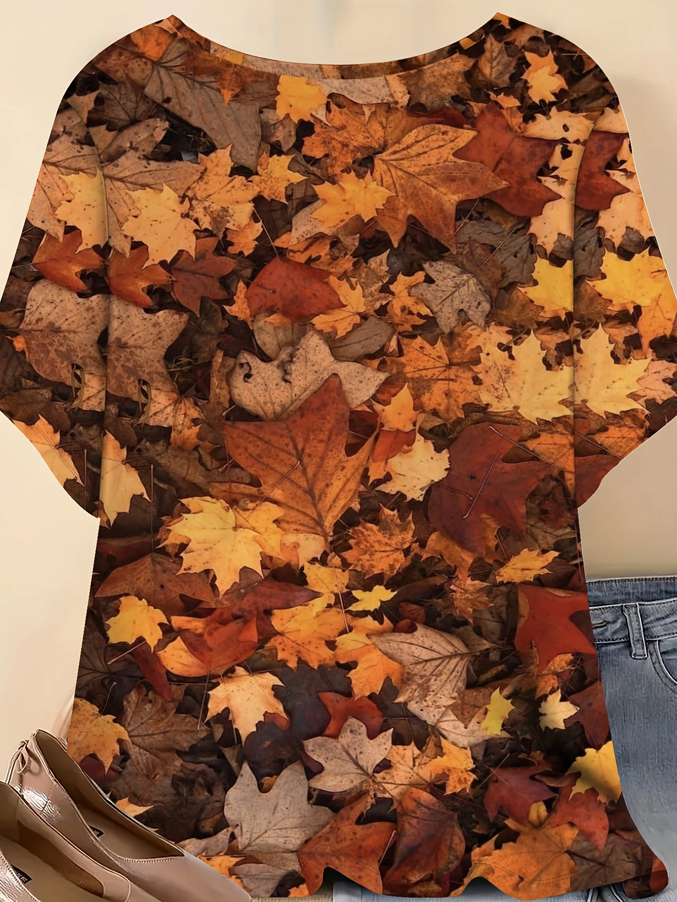 Women Round Neck Batwing Short Sleeve Top Autumn Maple Leaf Full Print Loose Casual Vintage Fall Season Daily Blouse