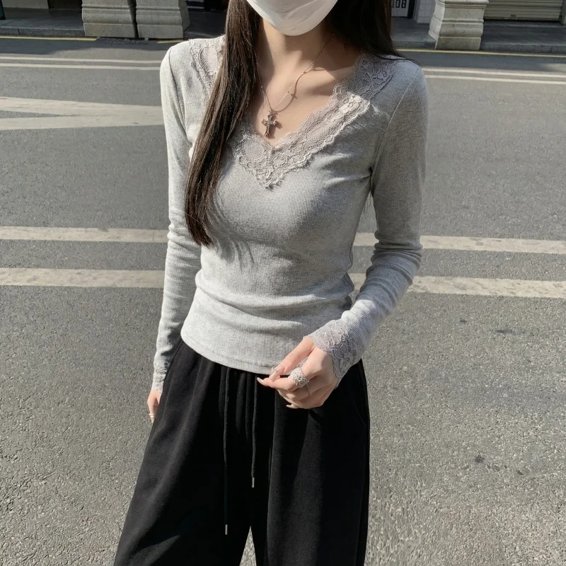 2026 Herbst Winter Damen T-Shirt V-Ausschnitt Spitzen-Top Weich Hautfreundlich Fleece-Gefüttert Langarm Thermo-T-Shirt für Layering – Detail 13