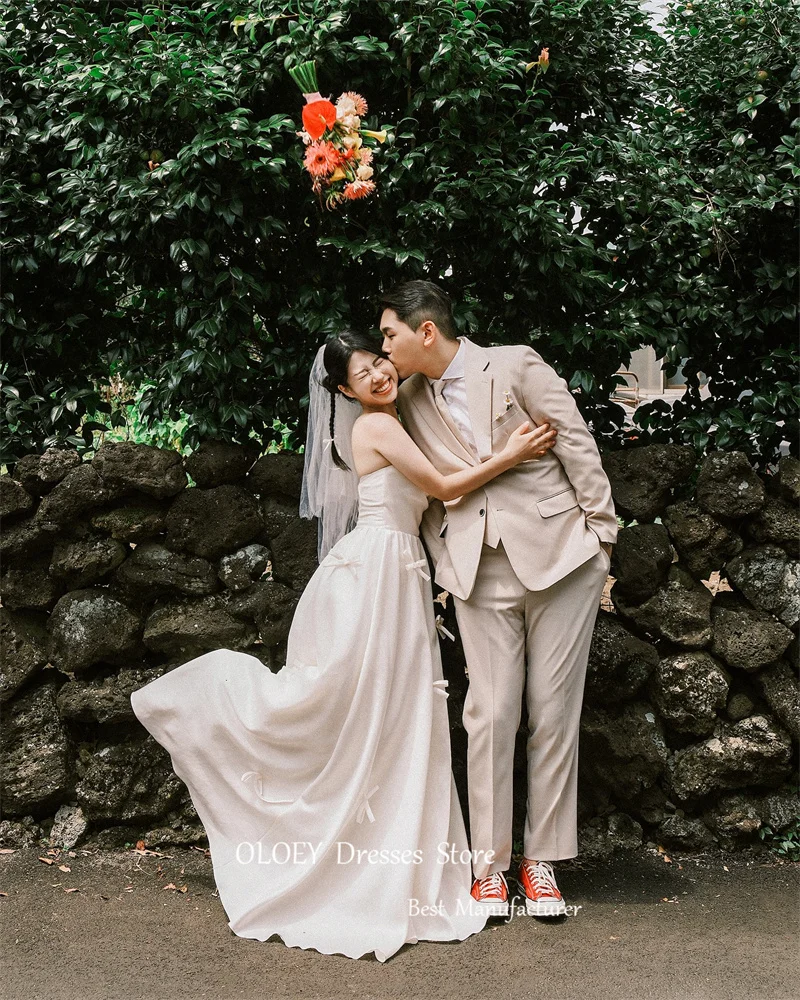 OLOEY-vestidos de novia de tafetán de seda suave, falda de cinta sin tirantes, corsé trasero, hasta el suelo vestidos de novia, velo gratis