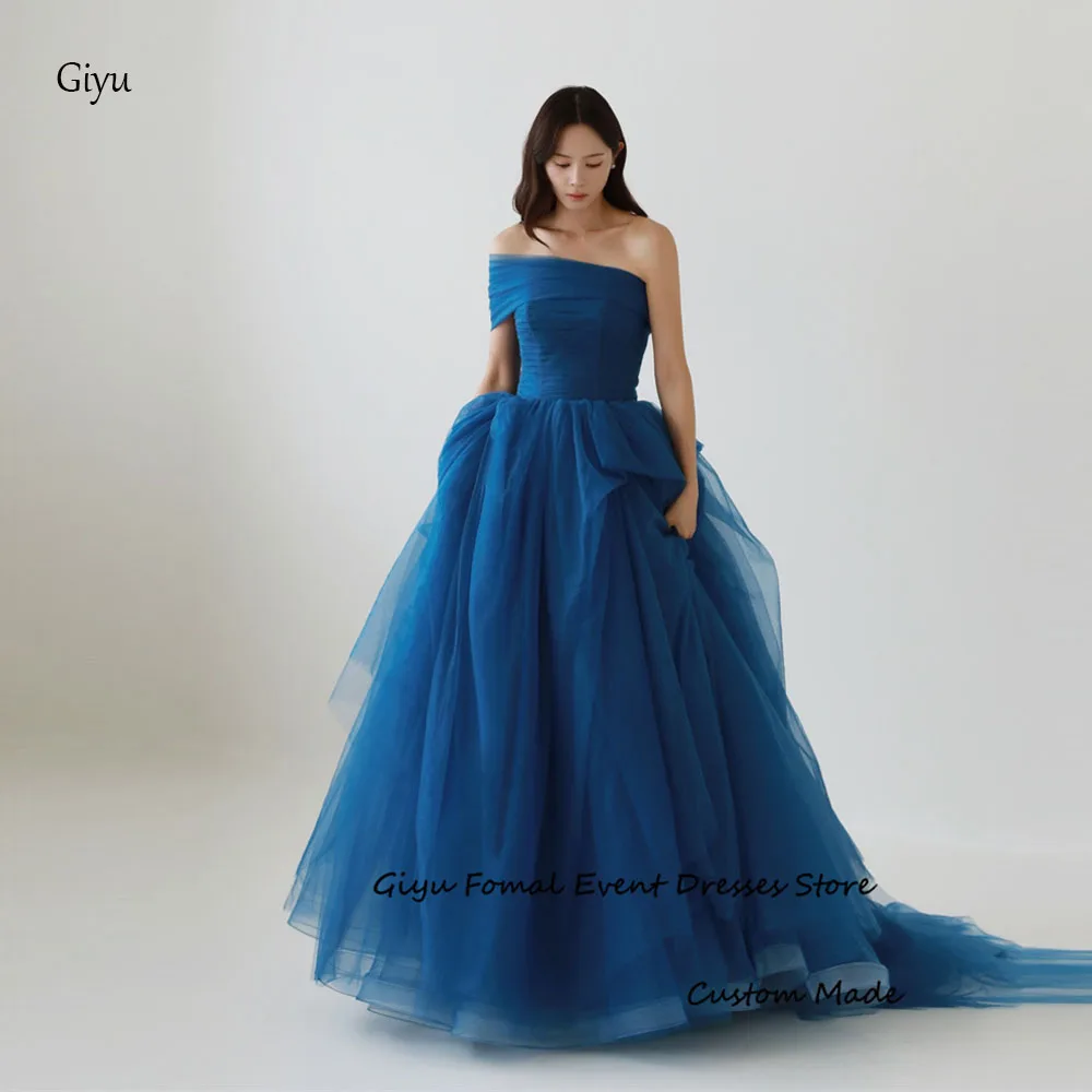 Giyu Elegant Blue Tulle Wedding Dresses Korea Photo shoot Bolero Princess Puff Bridal Gowns Sweep Train Formal Evening Dress