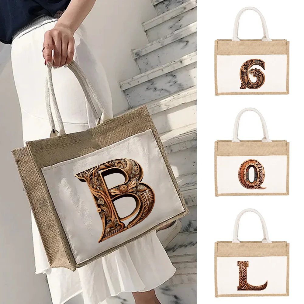 

New Linen Shoulder Sacks Wood Art Letter Print Jute Imitation Sacks Linen Bag Women Shopping Tote Laminated Bag Designer Tote