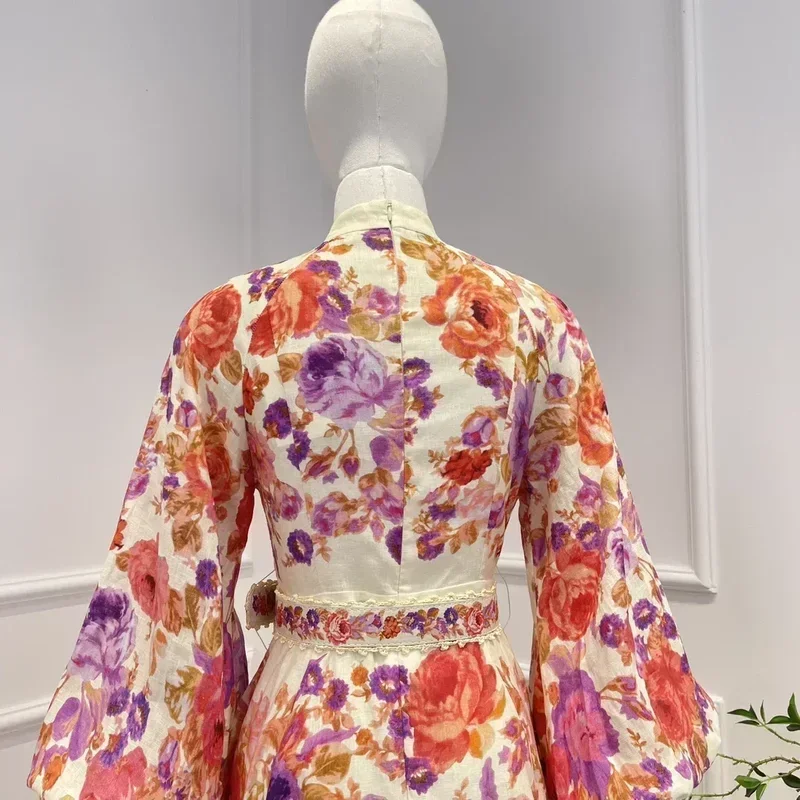 2023 Top Quality Latest Collection Spring Autumn Pink Floral Printing Hook Flower Hollow Patchwork Midi Dress for Women