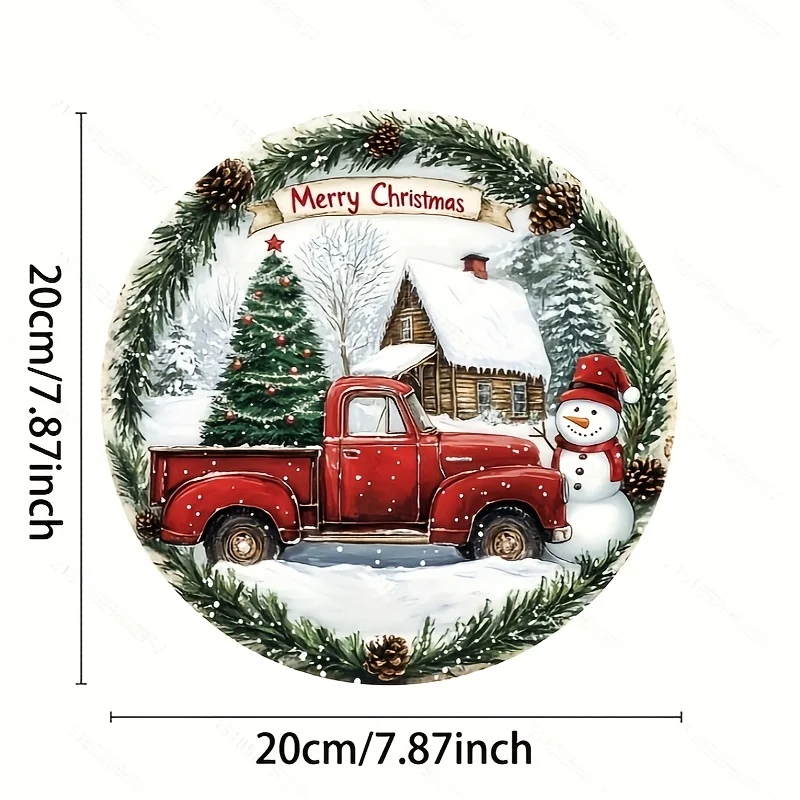 1pc Antique Aluminum Christmas Wreath Sign, 8 Inch Round Hanging Decor with Snowman and Red Truck, Versatile Holiday Wall Art fo